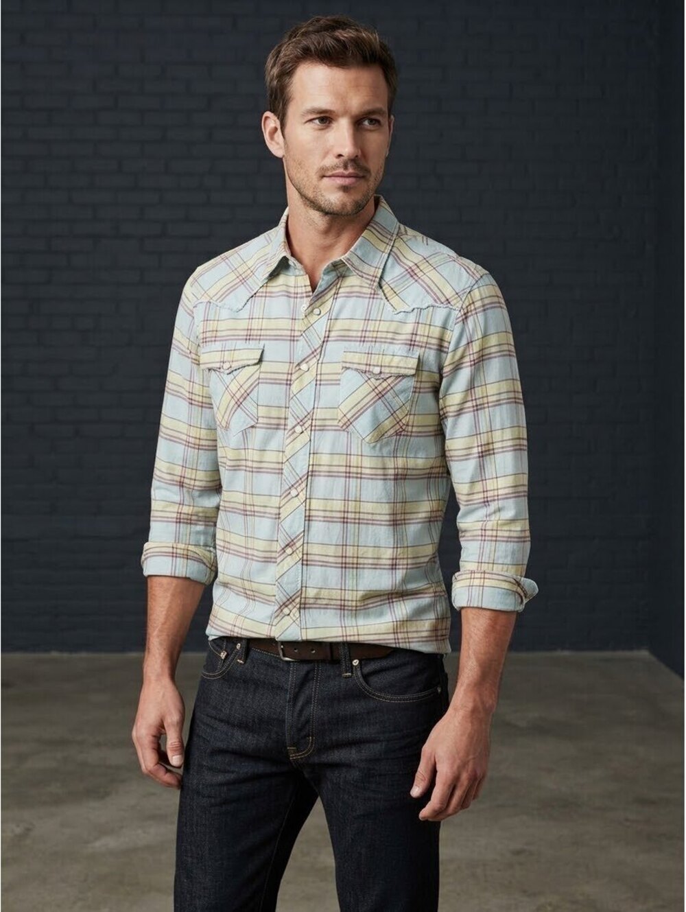 DIESEL Men's Long Sleeve Plaid Western Snap Shirt Size Large L Vintage Pastel
